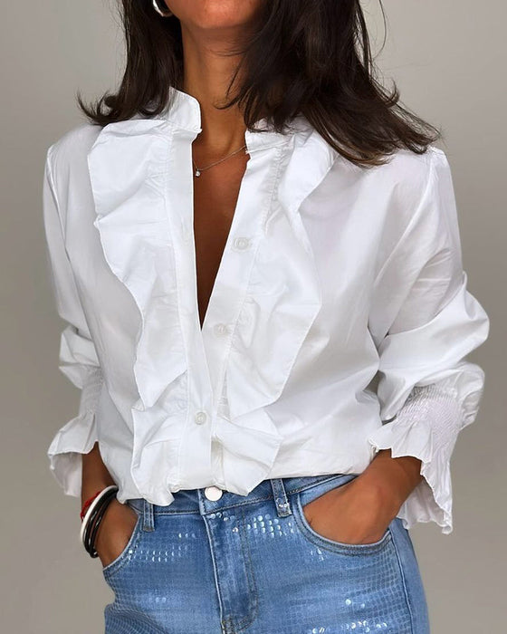 Bluzki w jednolitym kolorze z falbaną i stójką