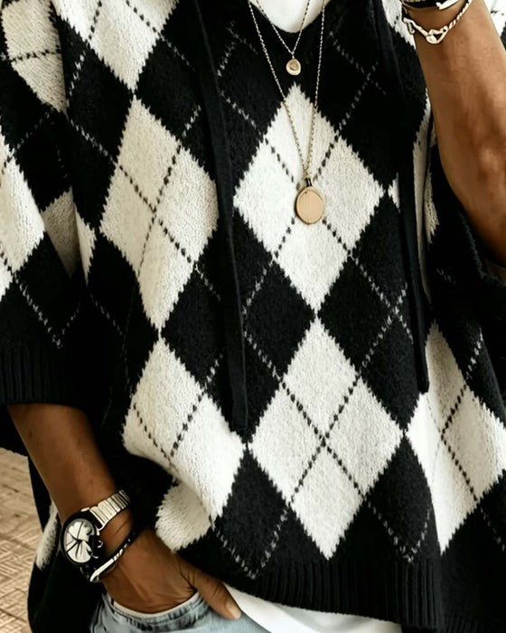 Sweter Plaid Z Kapturem Rękaw Trzy-Czwarte