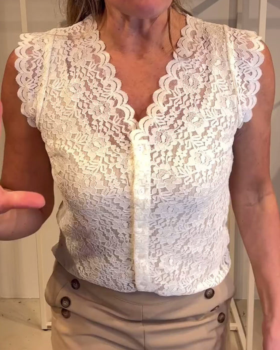 Koronkowa elegancka bluzka bez rękawów z dekoltem w kształcie litery V