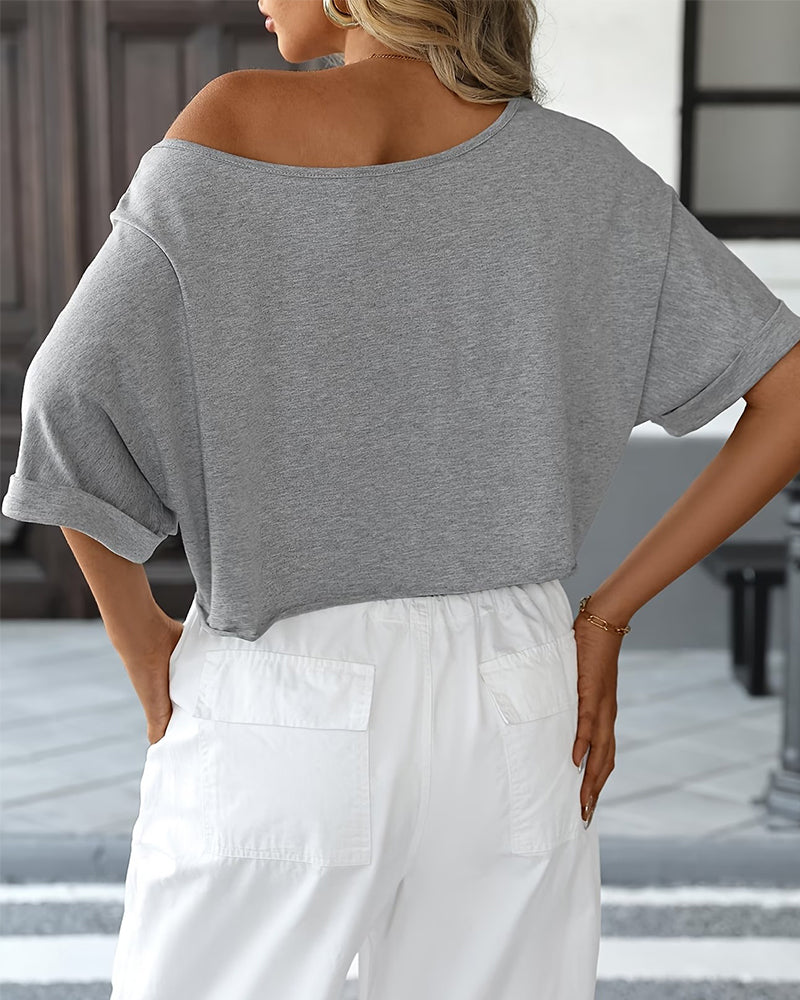 Koszulki Off-Shoulder Asymetryczny Podarty Podwinięty Brzeg