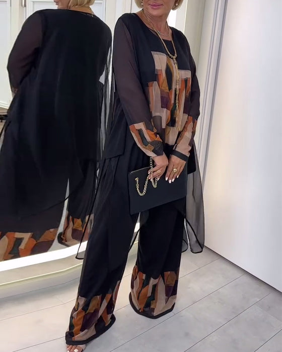 Garnitur Elegancki Długi Rękaw Nadruk Szerokie Nogawki