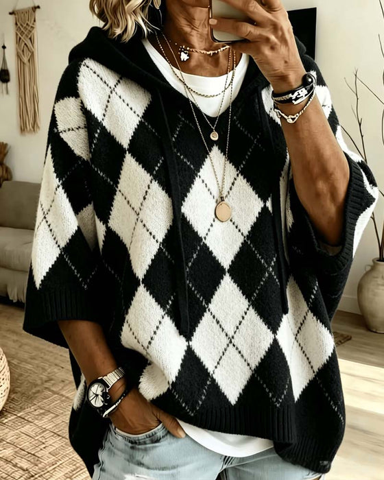 Sweter Plaid Z Kapturem Rękaw Trzy-Czwarte