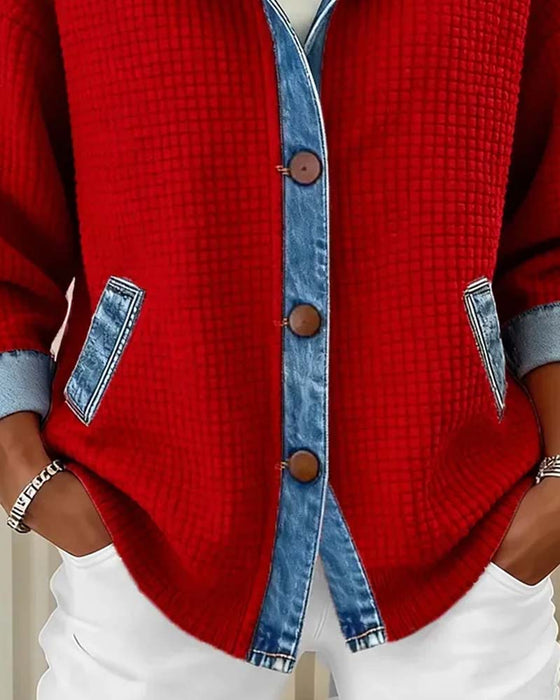 Płaszcz Z Kapturem Guzik Denim Patchwork