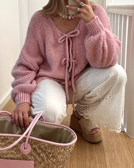 Kardigan ze sznurowaniem w jednolitym kolorze, leniwy styl