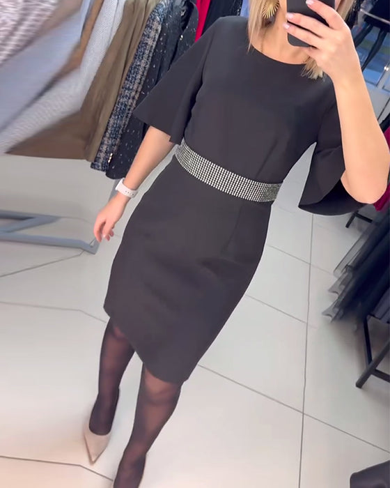 Sukienka Okrągły Dekolt Rozkloszowane Połowa Rękawów Talia