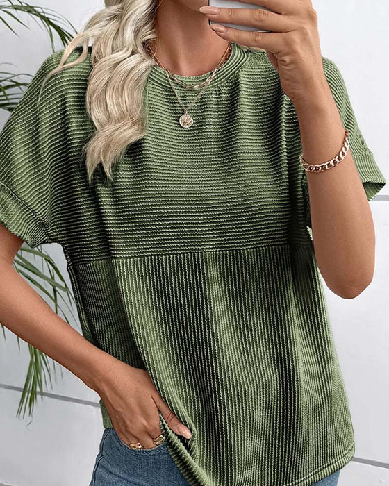 T-Shirt W Paski Krótki Rękaw Okrągły Dekolt