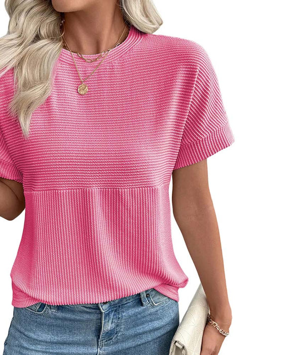 T-Shirt W Paski Krótki Rękaw Okrągły Dekolt
