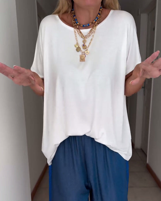 Koszulka z krótkim rękawem i okrągłym dekoltem w jednolitym kolorze