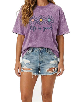 T-Shirt Nadruk Stokrotki Swobodny Postarzany