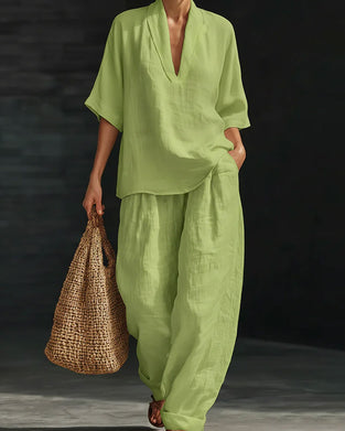 Komplet Dekolt W-Serek Krótki Rękaw Bawełna Len