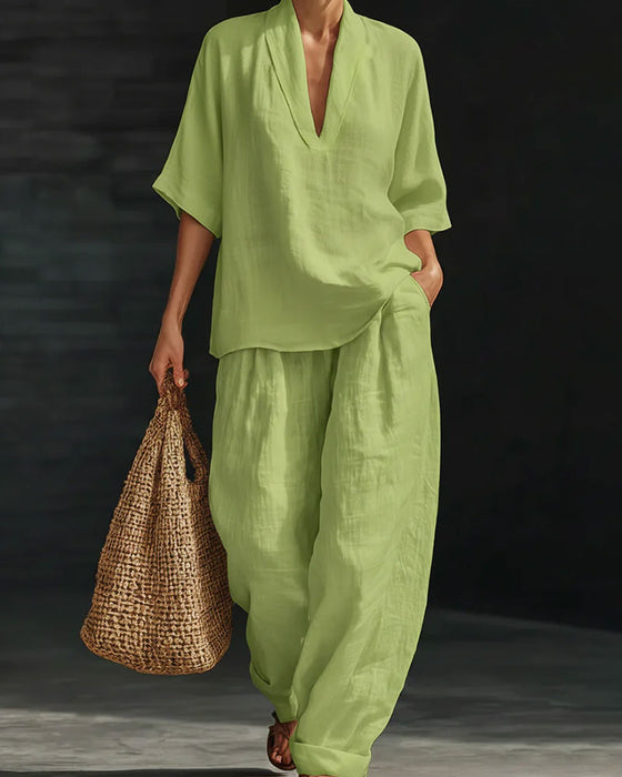 Komplet Dekolt W-Serek Krótki Rękaw Bawełna Len