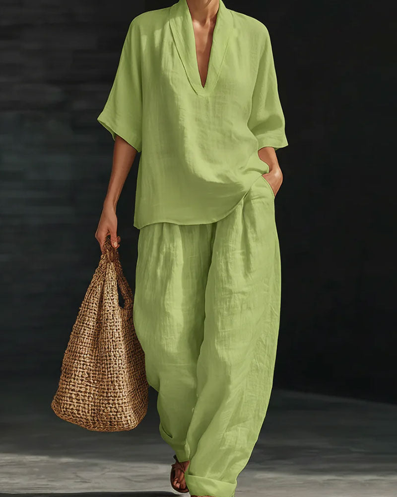 Komplet Dekolt W-Serek Krótki Rękaw Bawełna Len