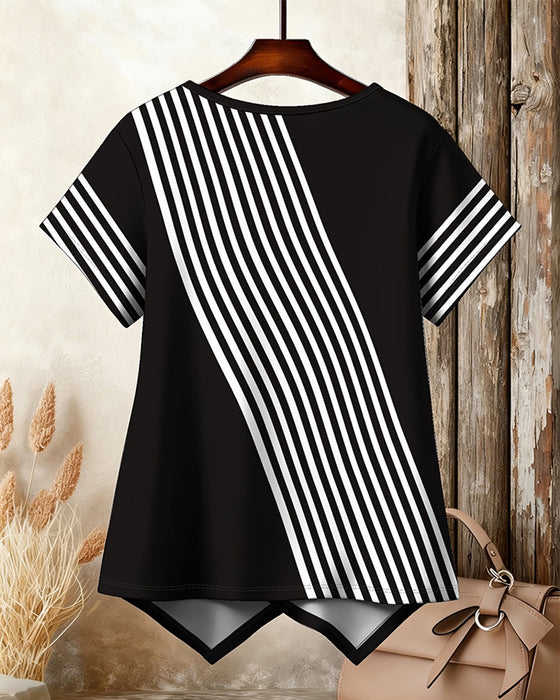 T-Shirt Ukośny Pasek Patchwork Okrągły Dekolt