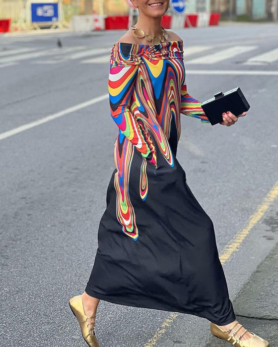 Elegancka sukienka maxi z długim rękawem i odkrytymi ramionami