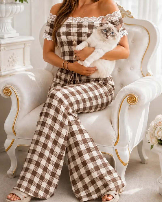 Set Off-Shoulder Koronkowa Lamówka Pasek Szeroka Noga Spodnie