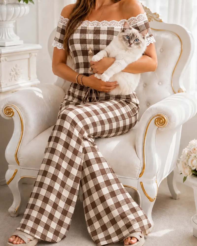 Set Off-Shoulder Koronkowa Lamówka Pasek Szeroka Noga Spodnie