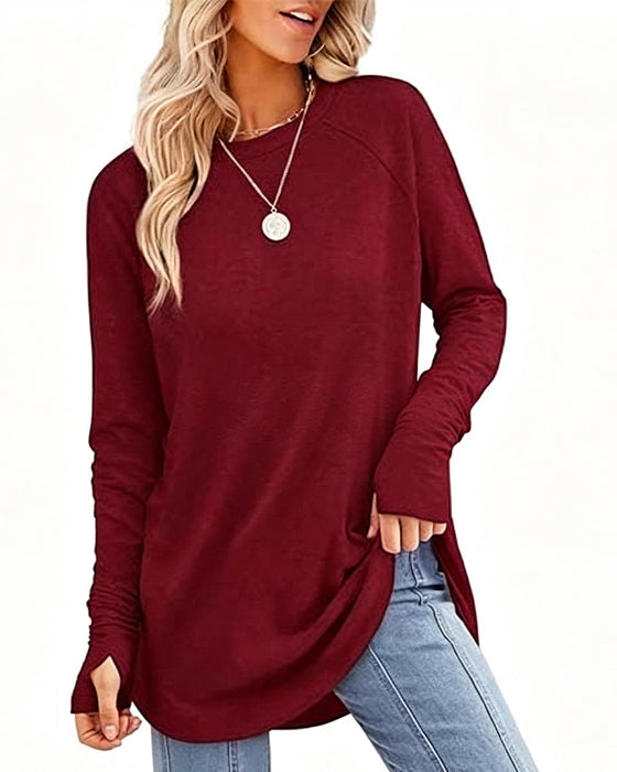 Top Luźny Okrągły Dekolt Raglan Długi Rękaw