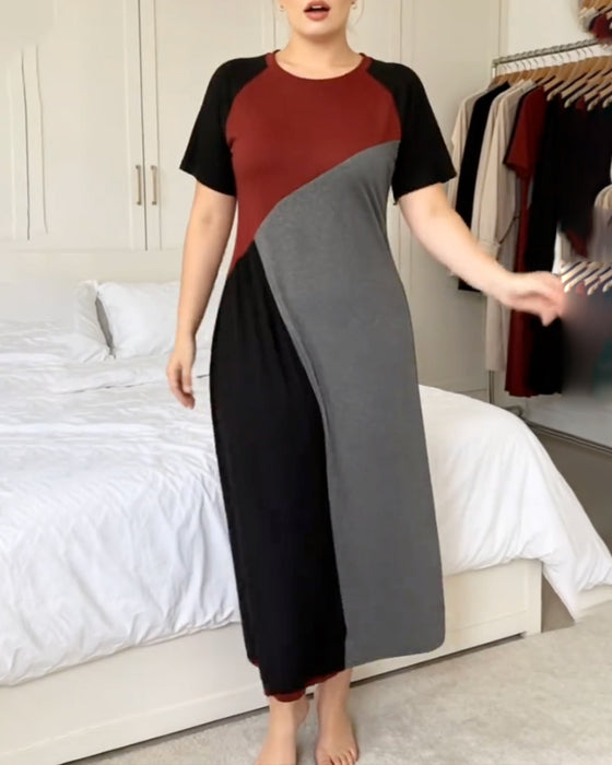 Sukienka Patchwork Raglan Okrągły Dekolt