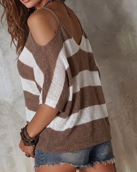 Sweter Odkryte Ramiona Dekolt W Serek W Paski