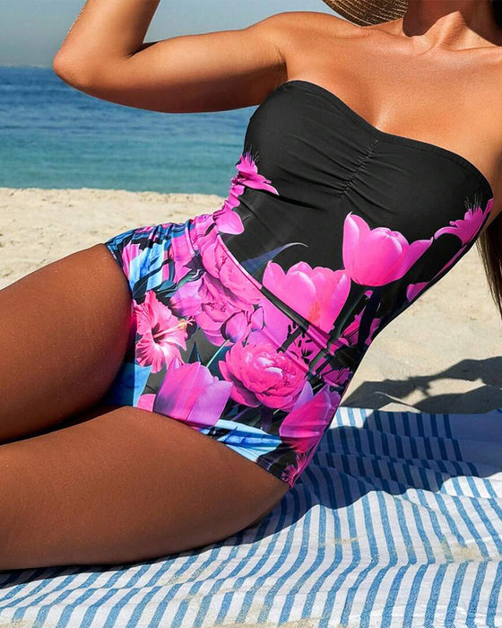 Strój Kąpielowy Bandeau Kwiatowy Wzór Jednoczęściowy