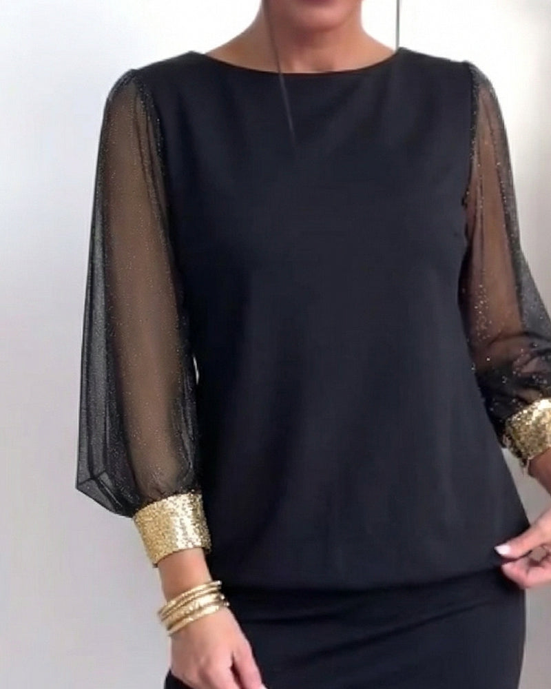 Sukienka Tiul Kontrast Kolorów Długi Rękaw