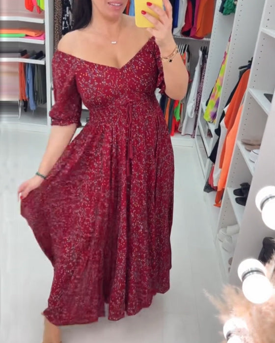 Sukienka maxi z dekoltem w serek i nadrukiem