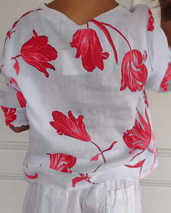 Bluza zapinana na guziki z bawełny i lnu w kwiatowy wzór