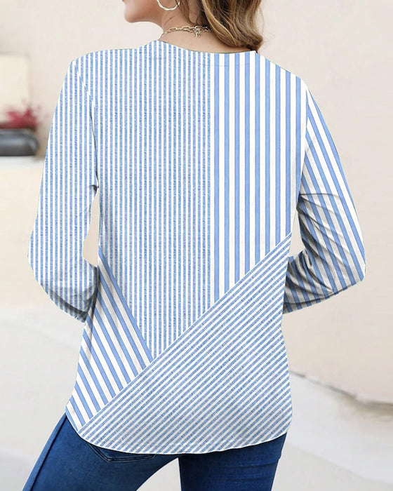 T-Shirt Okrągły Dekolt Rękaw Trzy Czwarte W Paski