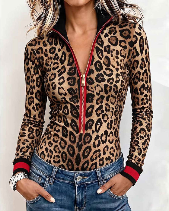 Top Wzór Panterki Half-Zip Długi Rękaw