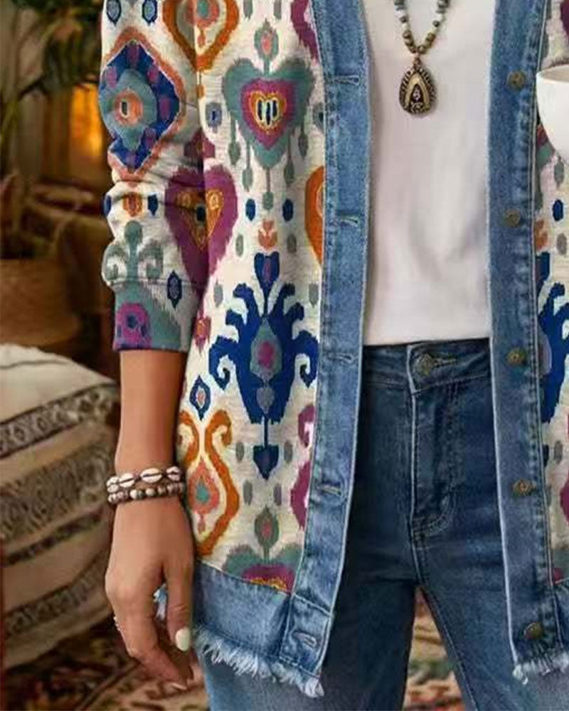 Płaszcz Bohemian Denim Patchwork Kwiatowy