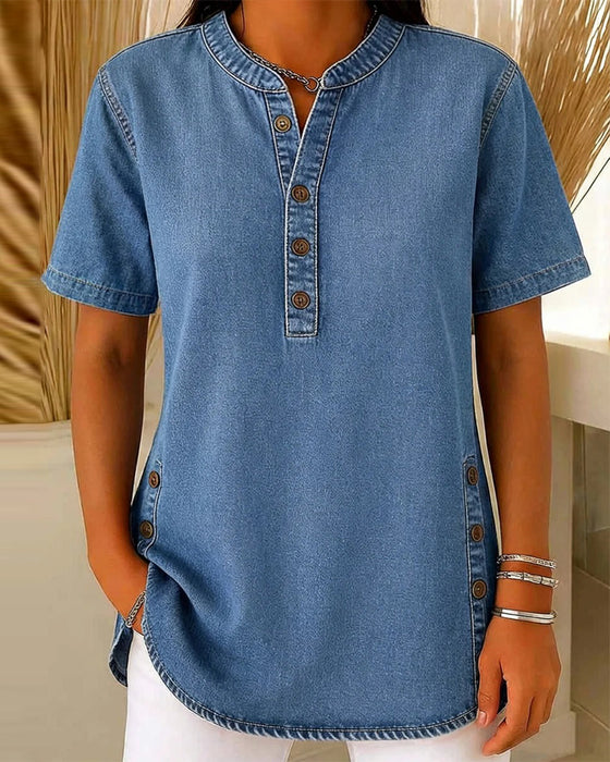 Top Guziki-Przód Denim Krótki Rękaw