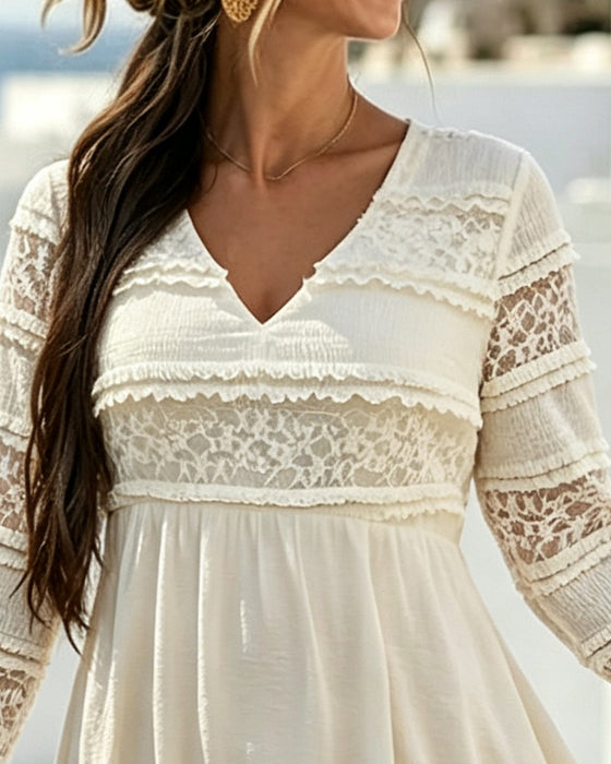 Sukienka Jednolity Kolor V-Neck Koronka Patchwork