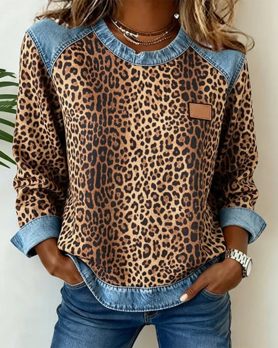 Bluza Leopardzi Print Dżins Patchwork