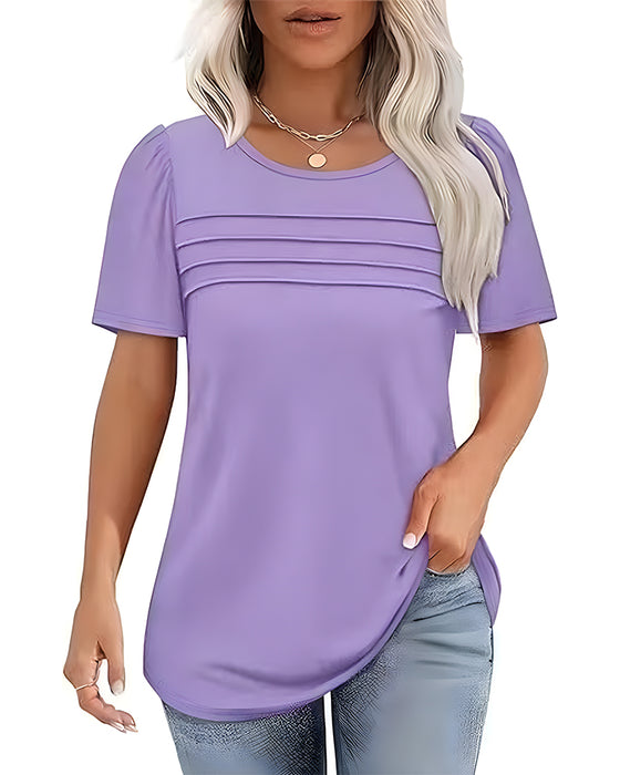 T-Shirt Plisowany Luźny Okrągły Dekolt Krótki Rękaw