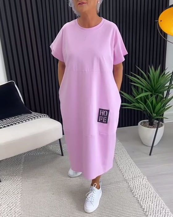 Sukienka Krótki Rękaw Swobodna Prosta Kieszeń