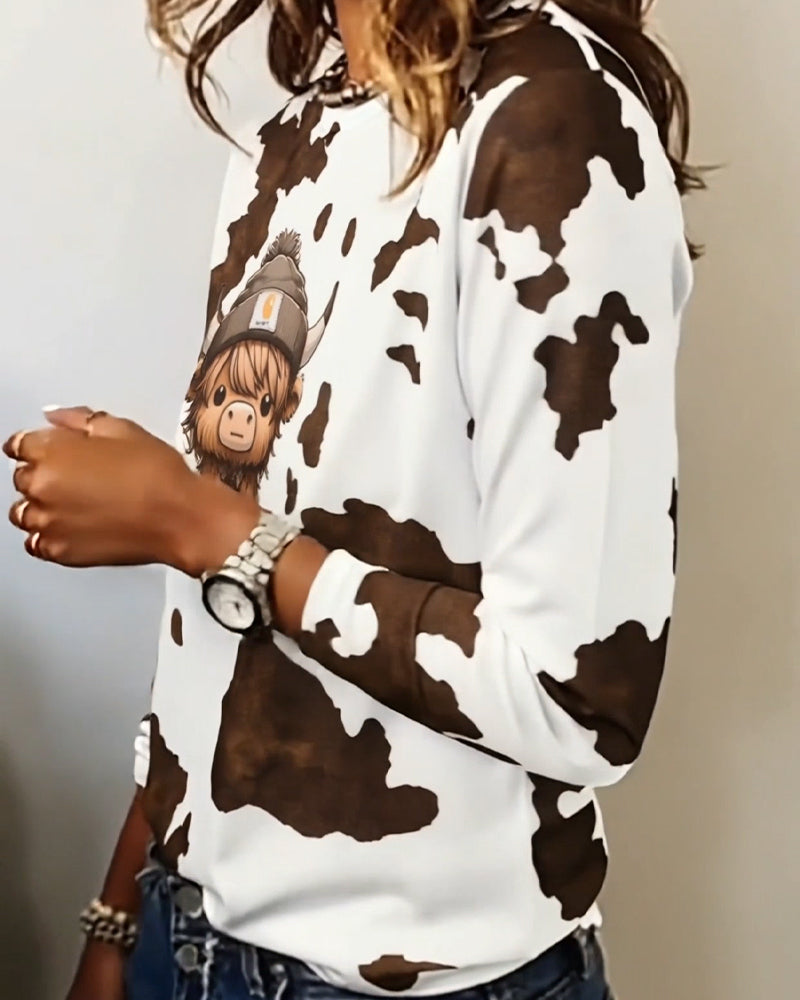 Top Animal Print Okrągły Dekolt Długi Rękaw