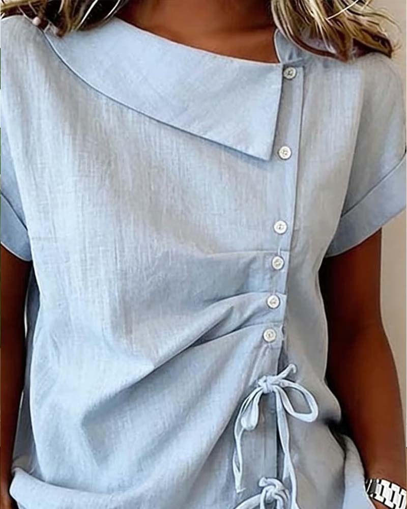 Bluzka Ukośny Sznurek Wiązanie Krótki Rękaw