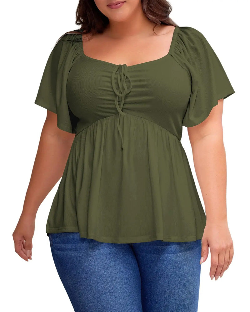 T-Shirt Large Size Square Neck Bubble Sleeve