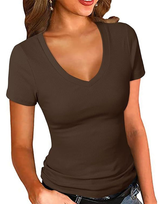 T-Shirt Żebrowany Slim Fit Dekolt W Kształcie Litery V Krótki Rękaw