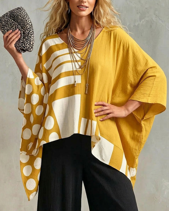 Bluzka Polka Dot Pasek Patchwork V Szyja