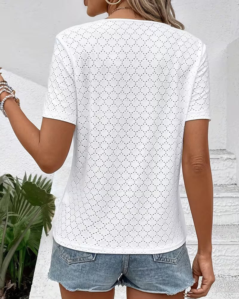 T-Shirt Ażurowy Dekolt W Serek Krótki Rękaw