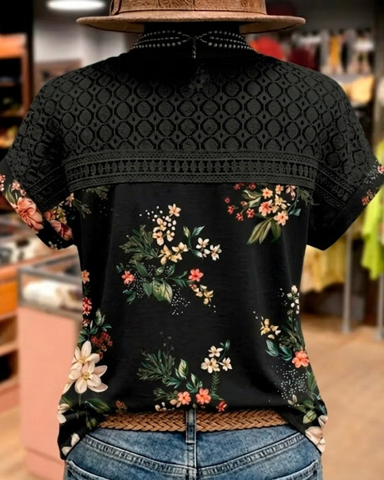 T-Shirt Z Wycięciem Patchwork Krótki Rękaw