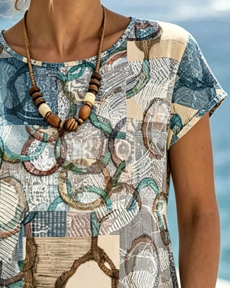 Sukienka Okrągły Dekolt Geometryczny Patchwork Druk