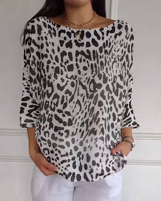 Sweter Trzy Czwarte Rękawa Leopard Luźny