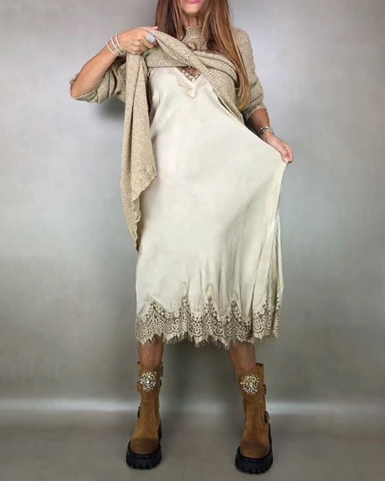 Zestaw Dwuczęściowy Z Sweterową Suknią I Suknią Cami W Dentelle