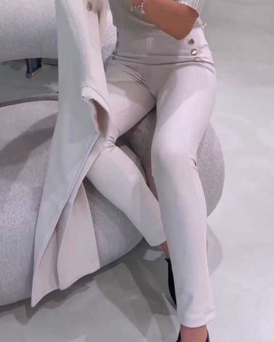 Spodnie Wysoka Talia Boczny Guzik Stretch