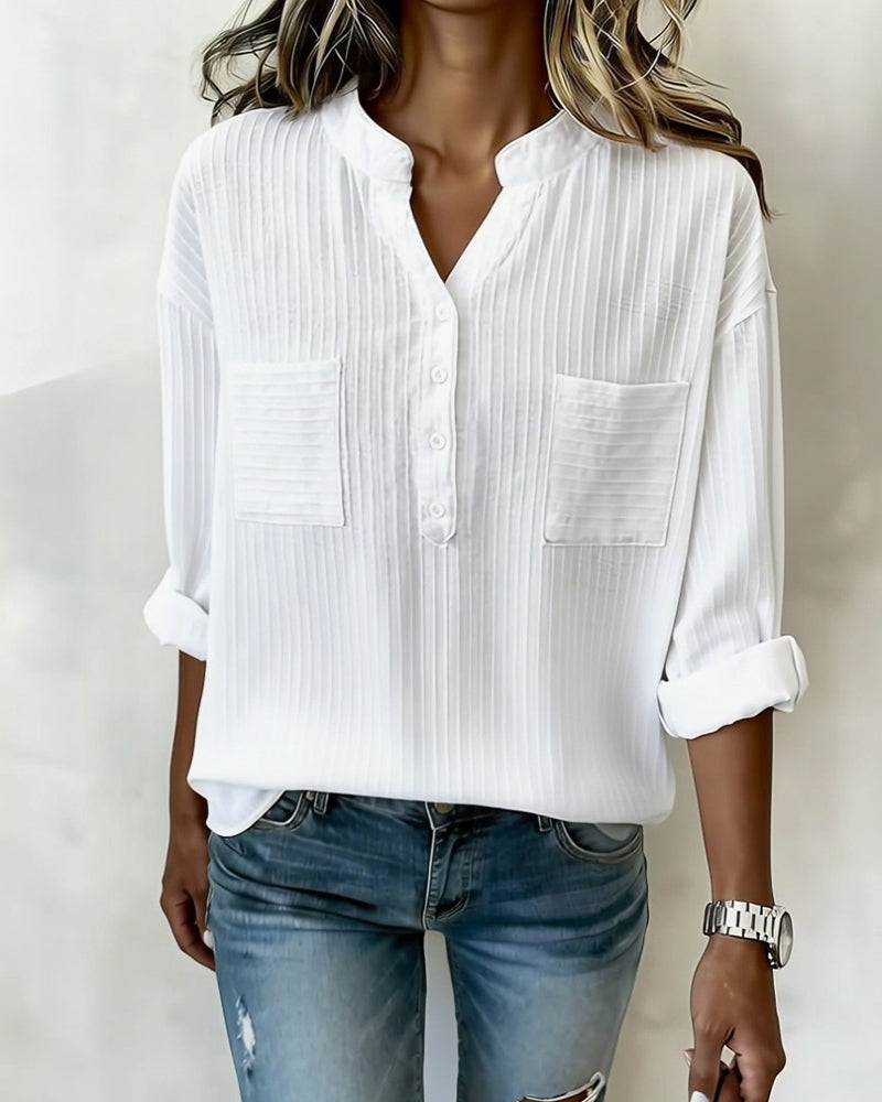 Koszula Pionowy Wafel Henley Kołnierz Podwójna Kieszeń