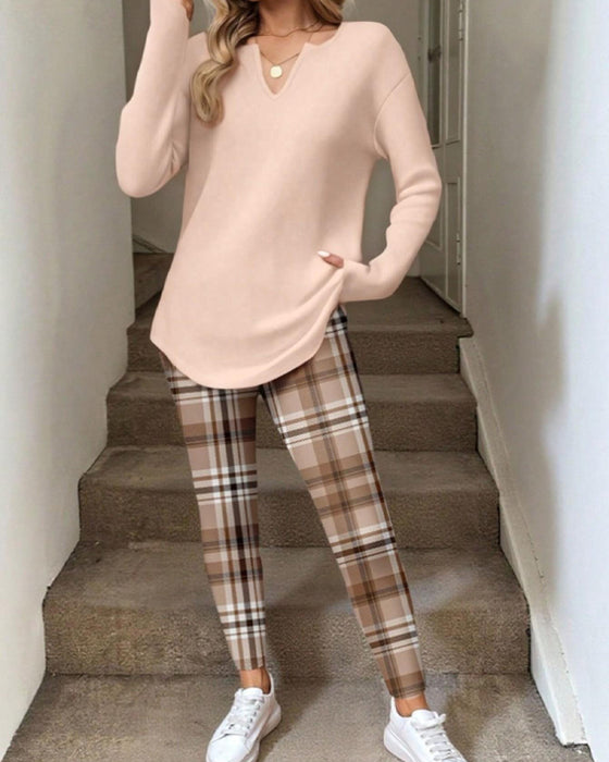 Zestaw V-Szyja Gładki Top + Krata Spodnie Loungewear