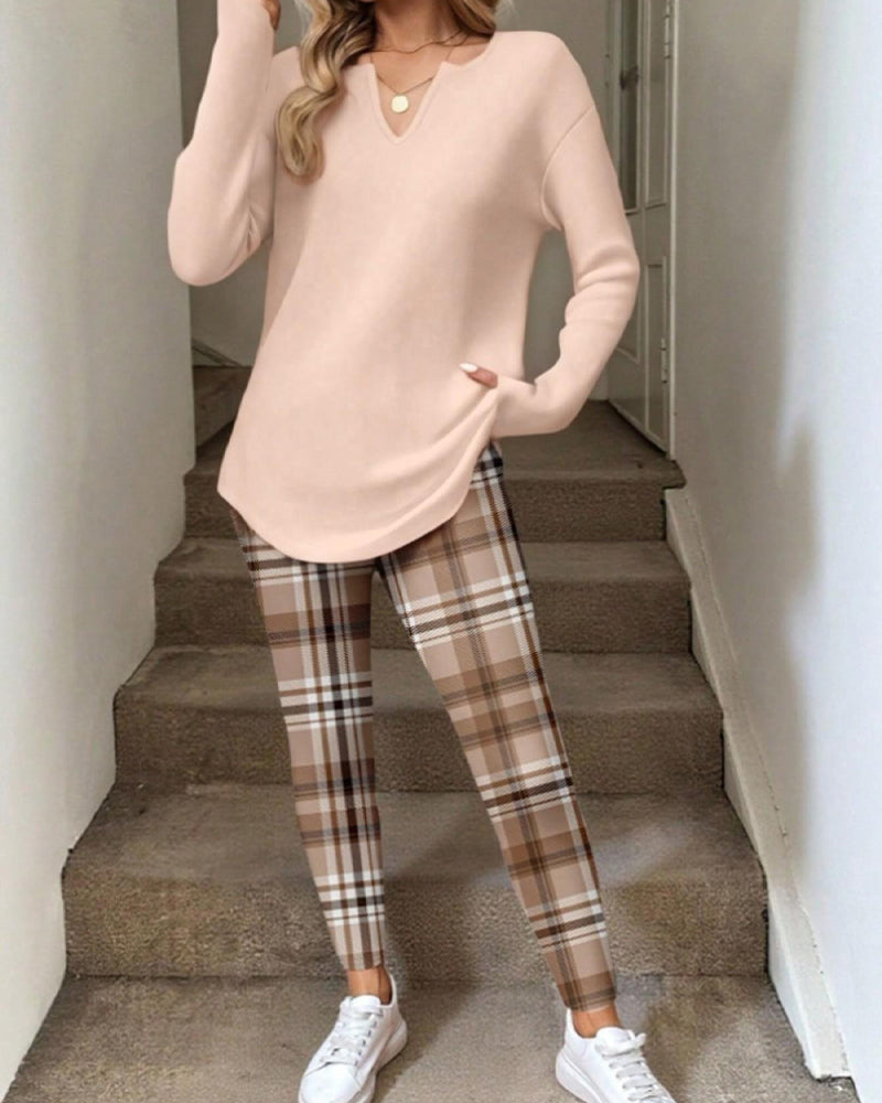 Zestaw V-Szyja Gładki Top + Krata Spodnie Loungewear