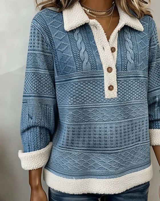 Bluza Z Kołnierzem Patchwork Modna Casual